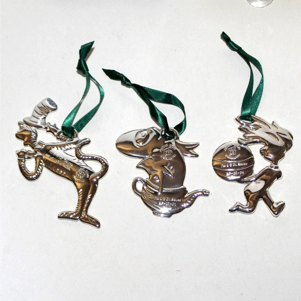 Lot of 3 Dr Seuss Cat In The Hat Christmas Ornaments Silver Plated Thing 1